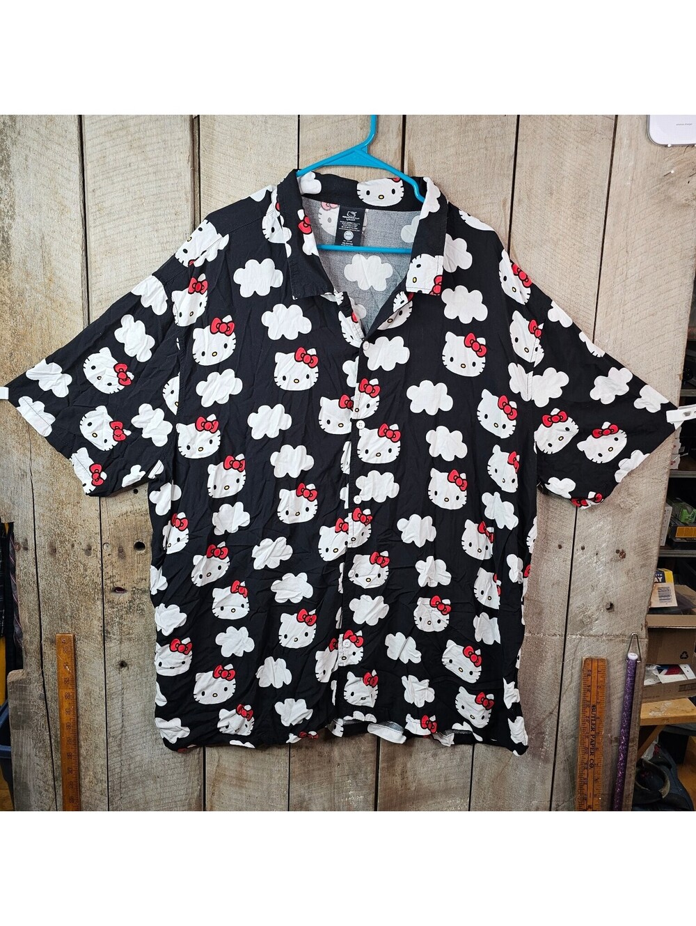 Hello Kitty by Sanrio Men's 2XL Casual Button Down Shirt Black White Clouds